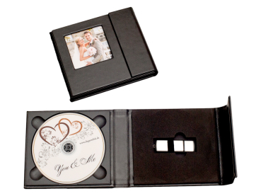 CD/USB-Case 16x13 cm mit Bildfenster. PU Leder Weiß, Schwarz