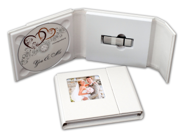 CD/USB-Case 16x13 cm mit Bildfenster. PU Leder Weiß, Schwarz